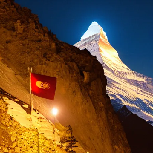 Prompt: indian flag projected illuminated on the matterhorn mountain at night