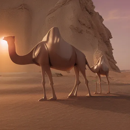 Image similar to beautiful camel made of transparent opal, translucent, glare, sunlight, transparent sculpture, glowing in the sun, HDR, octane render, 8k, detailed