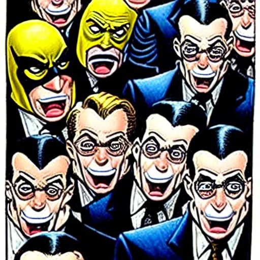 Image similar to drawing of gotham city's finest investigative reporter jack ryder with 1 4 tiny jokers reaching out of his mouth, 4 k art by brian bolland, graphic novel cover art