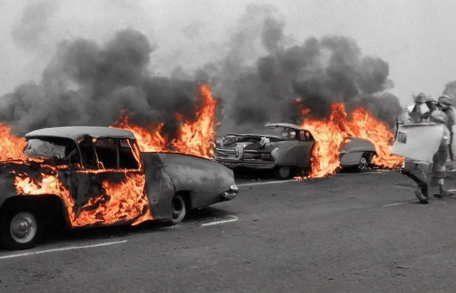 Prompt: car on fire, vintage movie still