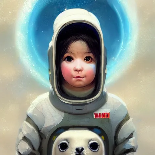 Image similar to head and shoulders masterpiece portrait of a baby harp seal wearing a spacesuit, surreal background, digital art by Krenz Cushart, trending on artstation, cgsociety