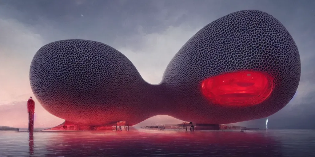 Image similar to An epic architectural rendering of a blob shaped trypophobia house with a mysterious red glow emitting from inside in a modern cityscape next to a river, by Zaha Hadid and Greg Rutkowski, tunning, gorgeous, golden ratio, photorealistic, featured on artstation, 4k resolution