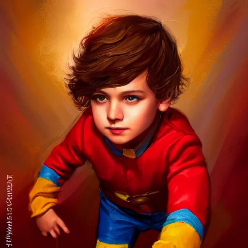 Image similar to colorful and festive captivating young child boy, brown fluffy hair, wearing red and yellow hero suit, making a two with his hand. full body, rich vivid colors, ambient lighting, dynamic lighting, 4 k, atmospheric lighting, painted, intricate, highly detailed by charlie bowater