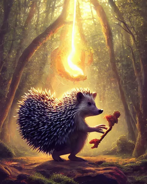 Image similar to oil painting of a Anthropomorphized hedgehog shaman casting nature spell, magical glow, sharp focus, heroic pose, fantasy style, octane render, volumetric lighting, 8k high definition, by greg rutkowski, highly detailed, trending on art Station, magic the gathering artwork, Woodland background, centered