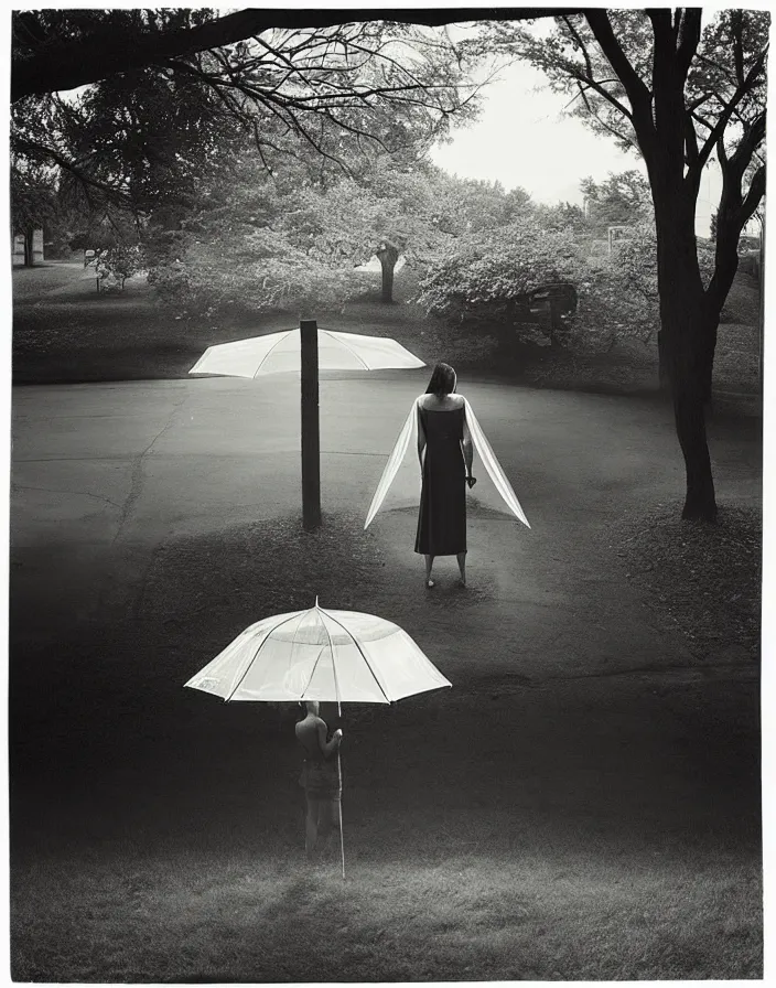 Image similar to “ gregory crewdson, photograph, quiet american neighborhood, a woman waiting holding a transparent umbrella ”