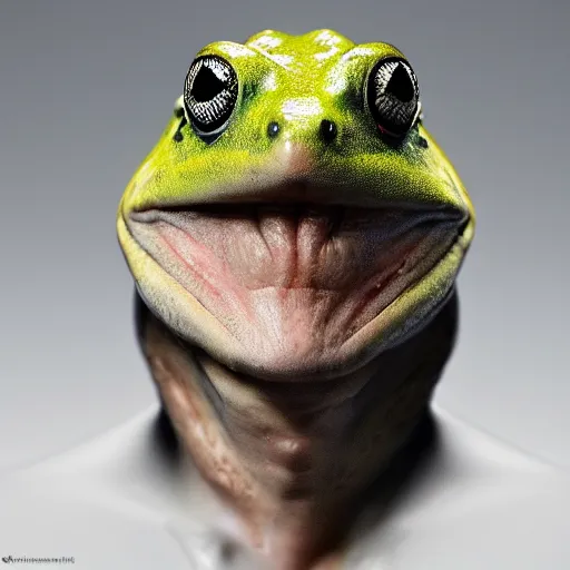 Image similar to hyperrealistic mixed media image of a ( frog ) whose head resembles alex jones, stunning 3 d render inspired art by greg rutkowski and xiang duan and thomas eakes, perfect symmetry, flesh texture, realistic, highly detailed attributes and atmosphere, dim volumetric cinematic lighting, 8 k octane detailed render, post - processing, masterpiece,