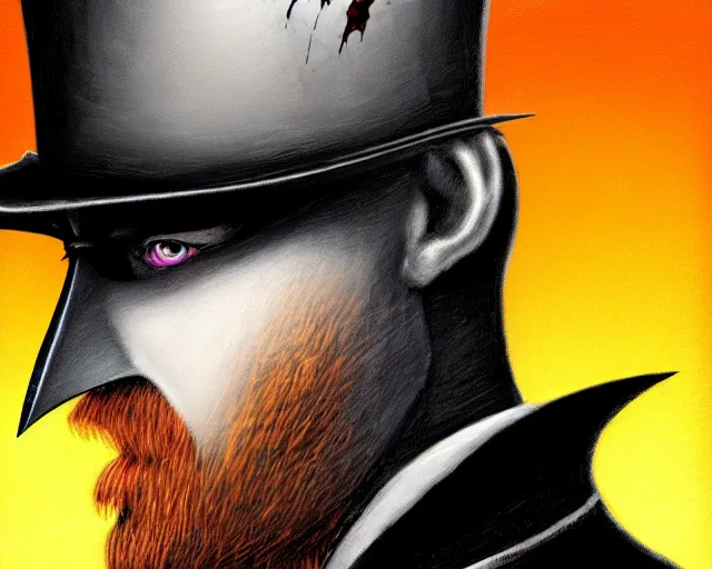 Image similar to closeup profile portrait of jack the ripper as batman, nicoletta ceccoli, mark ryden, lostfish, max fleischer, hyper realistic, artstation, illustration, digital paint, matte paint, vivid colors, bright, cheerful, detailed and intricate environment