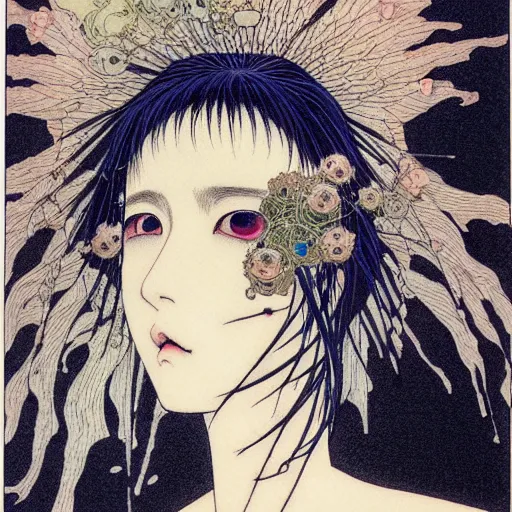 Prompt: prompt: Fragile looking soft light portrait face drawn by Takato Yamamoto and Katsuhiro Otomo, inspired by Ghost in Shell anime, magical and alchemical objects on the side, soft light, intricate detail, intricate ink painting detail, sharp high detail, manga and anime 2000