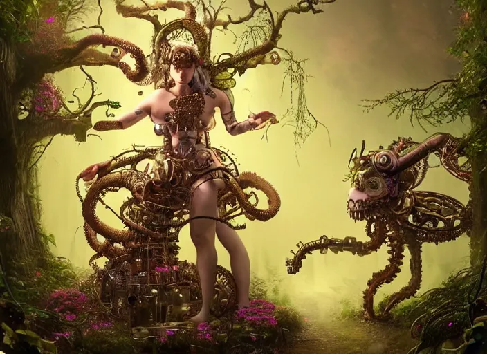 Image similar to intricate mechanical fairy with visible gears having tea with a cyborg gorgon medusa in a magical forest, having tea with a giant minotaur. Very detailed 8k. Fantasy cyberpunk horror. Sharp. Cinematic post-processing