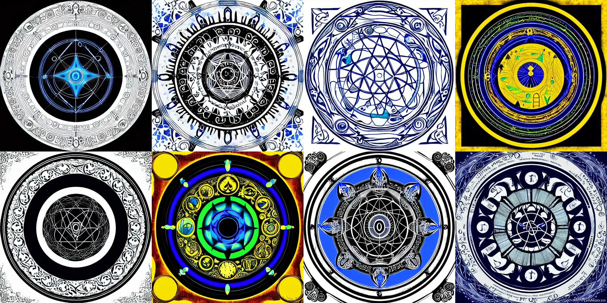 Prompt: a magic circle, an intricate diagram of arcane symbolism, wiccan, mystical, glowing blue on black