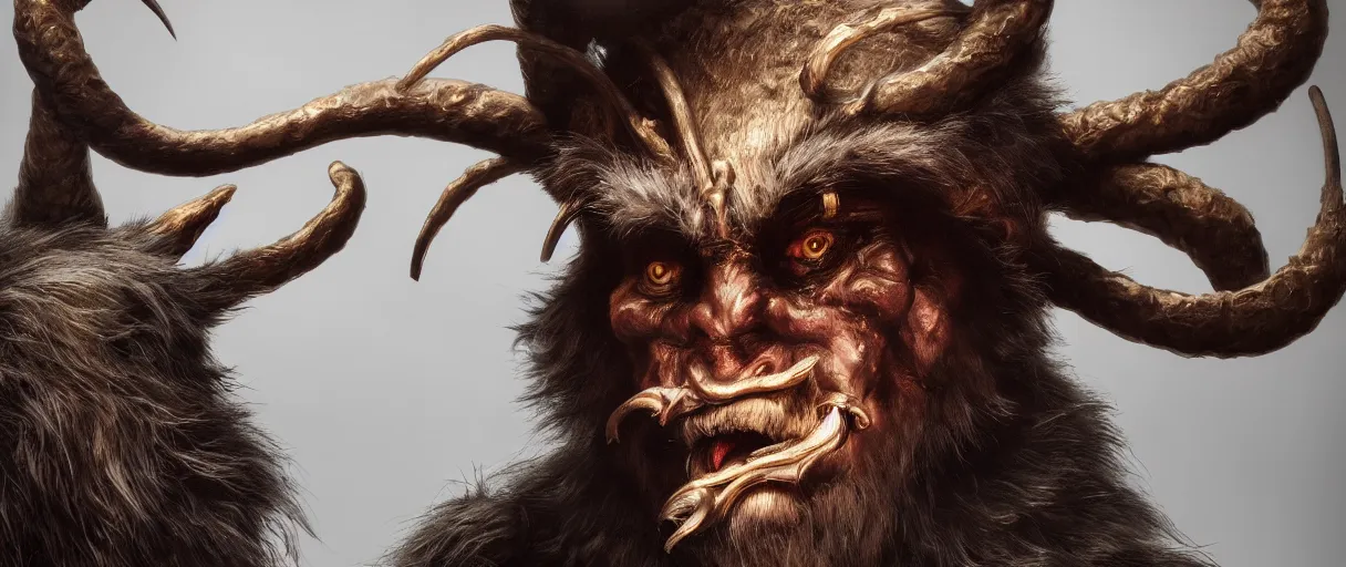 Prompt: hyperrealist highly detailed neo-baroque portrait of krampus standing in dolomites concept art pascal blanche dramatic studio lighting 8k wide angle shallow depth of field