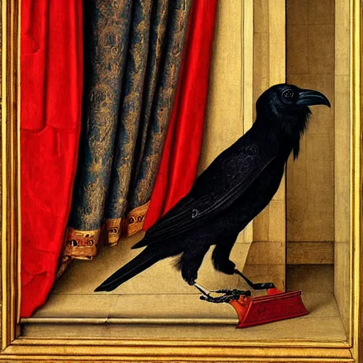 Image similar to a highly detailed painting of a raven, dressed in elegant tudor clothes, inside a room with thick red tapestries, by hans holbein