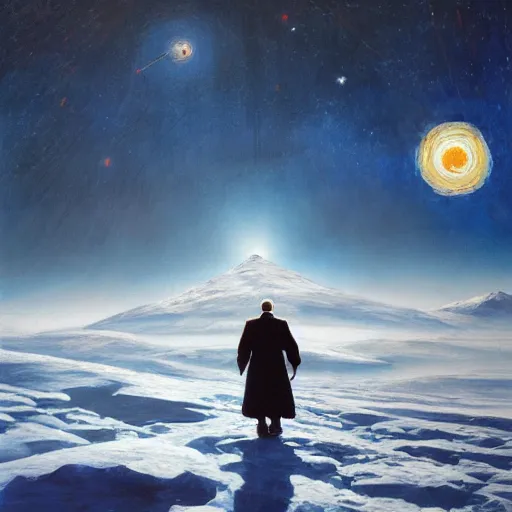 Image similar to an epic painting of an orthodox patriarch walking along an airless icy planet in the endless starry night of space, unreal 5, DAZ, detailed, soft focus, brilliant, 4k, 8k, HD, trending on artstation, art by Rick Guidice painting by Robert McCall by John Harris, abstract