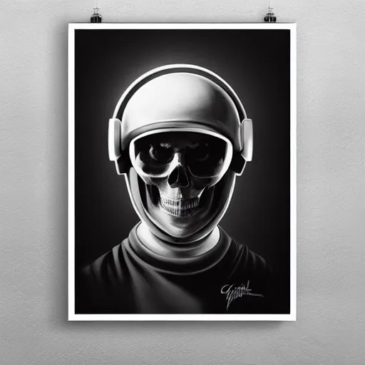 Image similar to skull in astronaut helmet detailed, epic masterpiece of cinematographic hyperrealism, realistic shaded lighting poster by craig mallismo, artgerm, jeremy