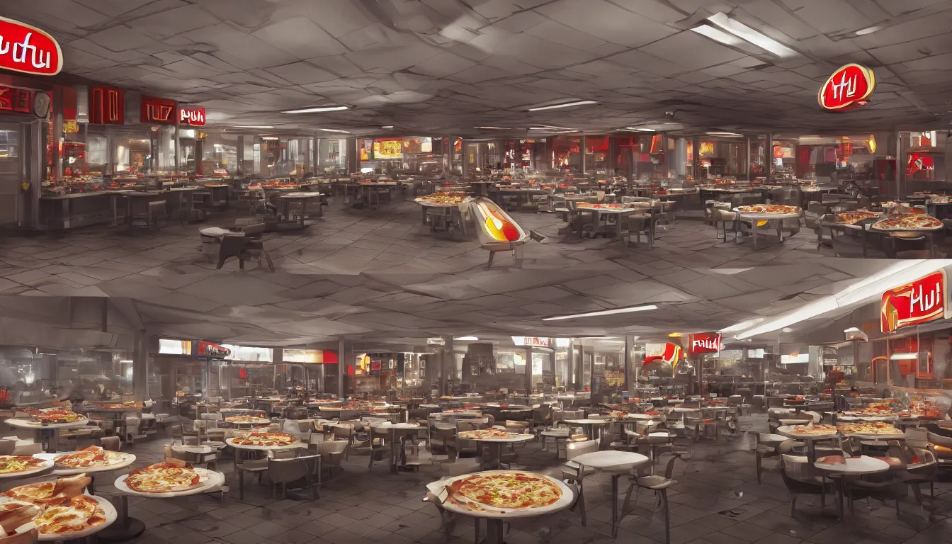 Prompt: futuristic Pizza Hut, photorealistic, cinematic, trending on artstation