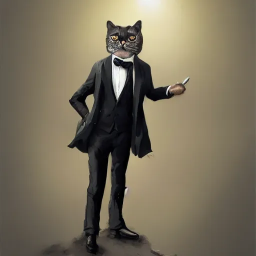 Image similar to photorealistic cat man wearing a tuxedo in the style of greg rutkowski. hyperdetailed photorealism, 1 0 8 megapixels, cinematic lighting