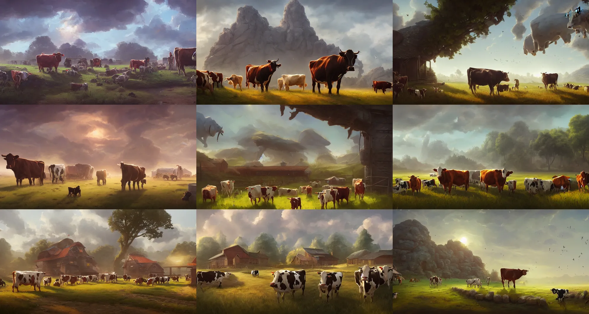 Prompt: A farm with cows, concept art by Noah Bradley, Darek Zabrocki, Tyler edlin, Jordan Grimmer, Neil Blevins, James Paick, Natasha Tan, highly detailed, ultra detailed, ultra realistic, trending on artstation