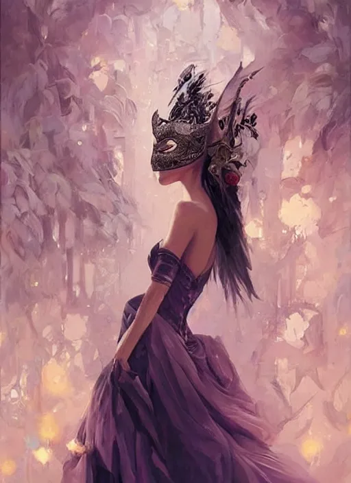 Image similar to a beautiful woman wearing an elaborate masquerade mask and ballgown, looking at the viewer with an alluring expression. painting by artgerm and greg rutkowski and magali villanueve