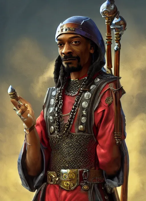 Image similar to snoop dogg as a mage, short beard, grumpy, plate armor, Ivan Aivakovsky, Boris Vallejo, epic fantasy character art, D&D Concept Art, full length, ultra Realistic, Regal, Refined, Detailed Digital Art, Exquisite detail, post-processing, masterpiece, Cinematic Lighting, Unreal Engine, 8k, HD,