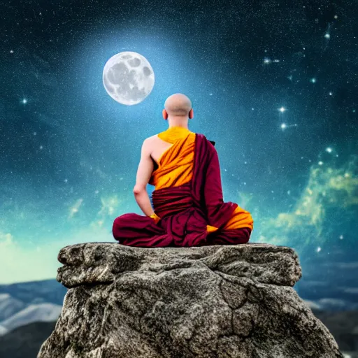 Prompt: high definition render of a monk on top of a mountain, alex gray, full moon, galaxy, milky way, buddhism, 8 k, intricate details, elegant, cinematic