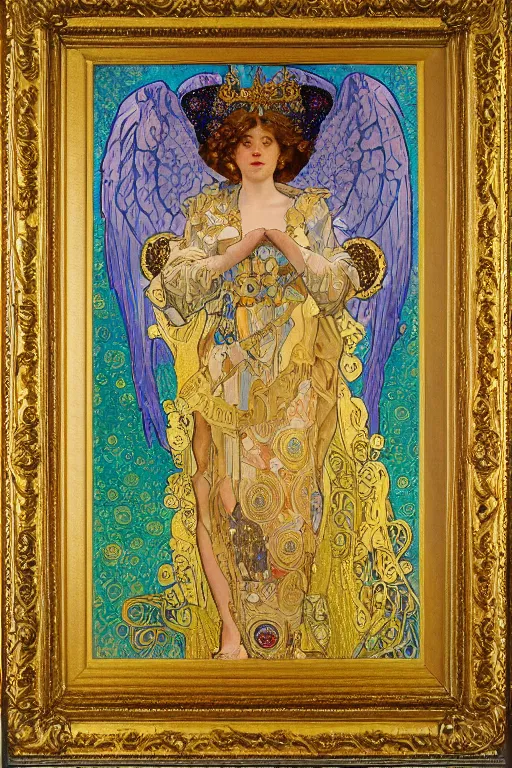 Prompt: a full body portrait of saint michael the archangel oil painting cross between the styles of alphonse mucha and gustav klimt gold leaf, intricate detailed,