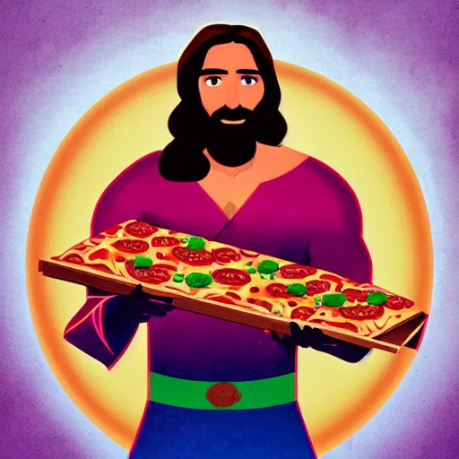 Prompt: jesus is a pizza super hero, epic, cinematic, digital art, trending on artstation