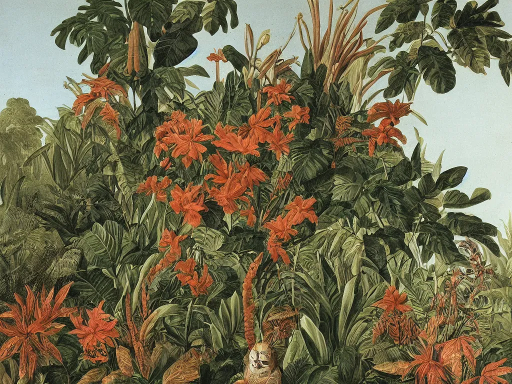 Image similar to muscular tiger, tropical plants in background, botanical, large exotic flowers, biology, painted by john audubon