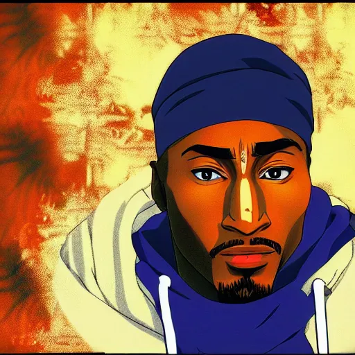 Image similar to Tupac Shakur, screenshot from a 2012s anime