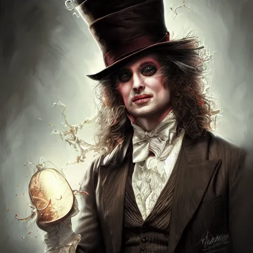 Image similar to The Madhatter, digital painting, lots of details, extremely detailed, 4k, intricate, brush strokes, Mark Arian, Artgerm, Bastien Lecouffe-Deharme