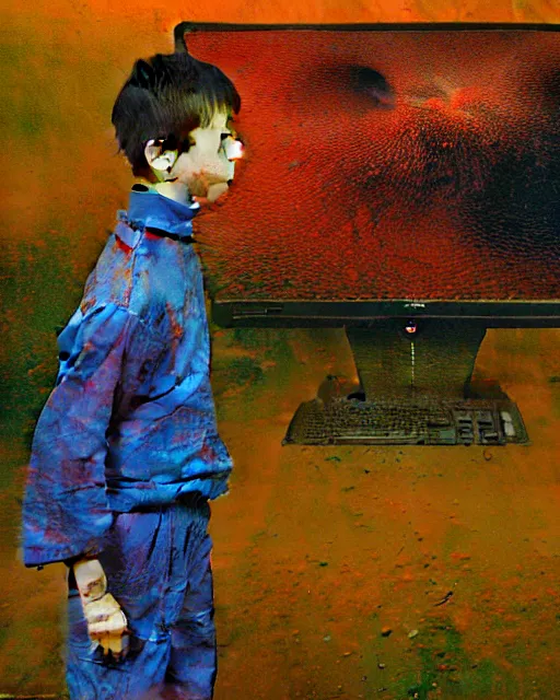 Image similar to 8k professional photo of an 8 years old boy standing in front of a computer from 90s monitor screen, Beksinski impasto painting, part by Adrian Ghenie and Gerhard Richter. art by Takato Yamamoto, masterpiece by Francis Bacon