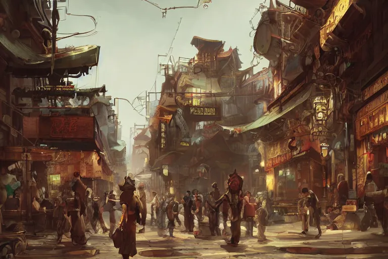 Prompt: asian steampunk street concept art artstation cinematic,