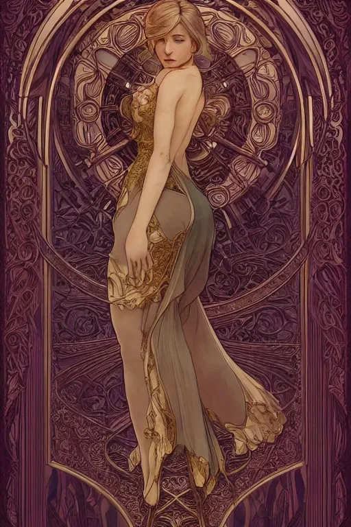 Image similar to full - body artwork, cattie - brie of mithril hall, by artgerm, andreas rocha, greg rutkowski. art nouveau neo - gothic sculpture by mucha. swirly intricate gilded linework background. gaudy colors, sharp edges. ultra clear detailed. 8 k. elegant. octane render