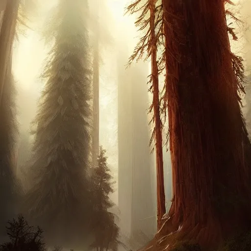 Prompt: fantasy giant redwood forest, trending on artstation, award winning, digital painting, greg rutkowski