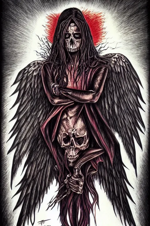 Prompt: human need death angel, realistic, art by tafy laplanche, colored by takeshi miike