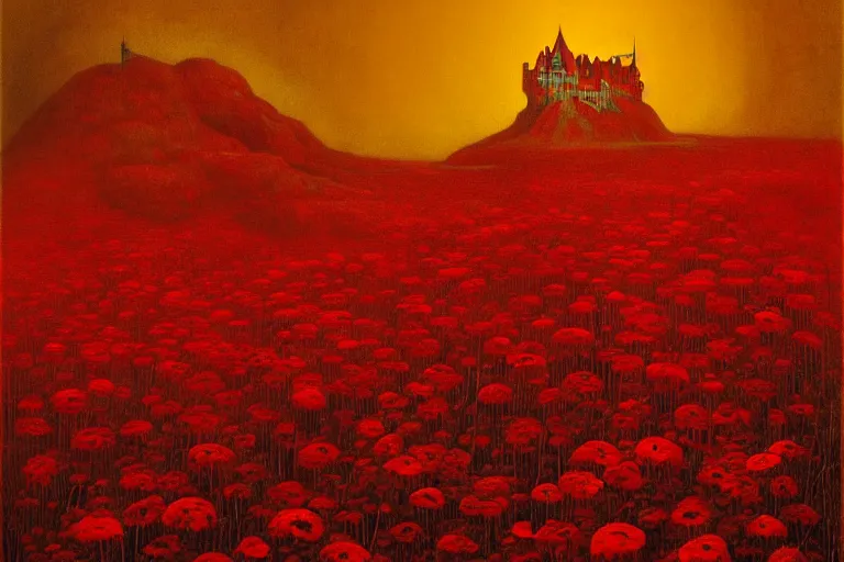 Image similar to only with red, red flowers, a red tiger, a castle in the background, medieval demons, an ancient path, in the style of beksinski, part by hopper, part by rodcenko, part by hofbauer, intricate composition, red by caravaggio, insanely quality, highly detailed, masterpiece, red light, artstation