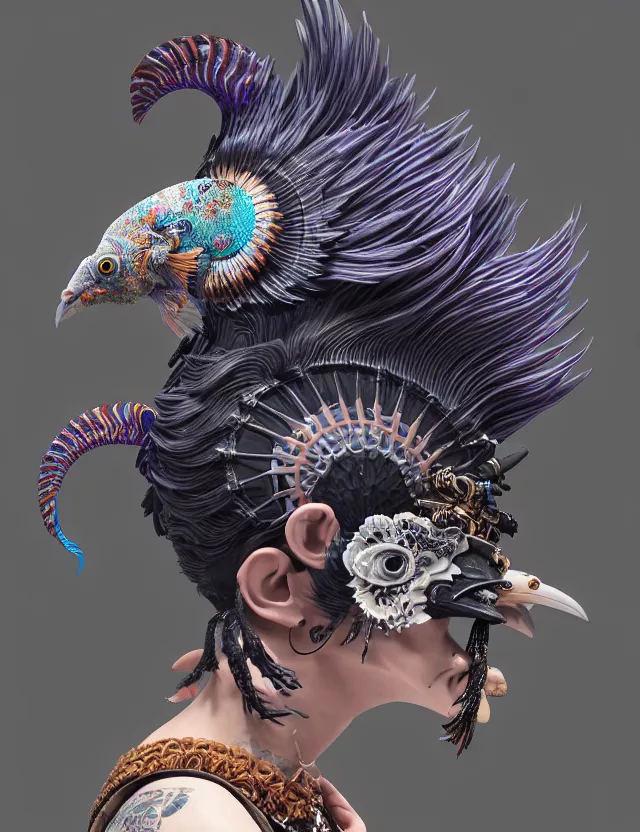 Image similar to 3 d coherent goddess close - up profile portrait punk with mohawk with ram skull. beautiful intricately detailed japanese crow kitsune mask and clasical japanese kimono. betta fish, jellyfish phoenix, bio luminescent, plasma, ice, water, wind, creature, artwork by tooth wu and wlop and beeple and greg rutkowski