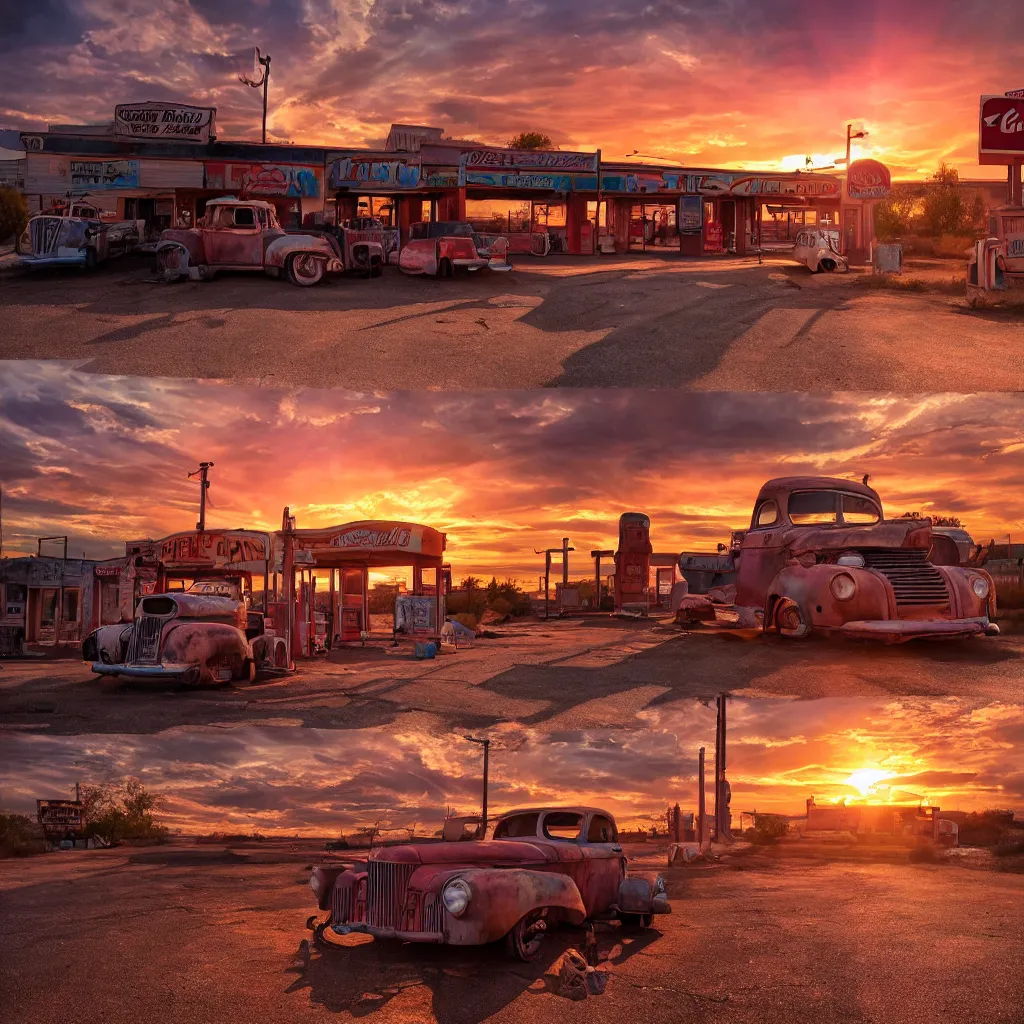 Image similar to a sunset light landscape with historical route 6 6, lots of sparkling details and sun ray ’ s, blinding backlight, smoke, volumetric lighting, colorful, octane, 3 5 mm, abandoned gas station, old rusty pickup - truck, beautiful epic colored reflections, very colorful heavenly, softlight