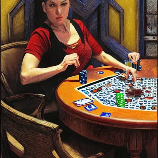 Image similar to woman using poker cards as weapons, by donato giancola