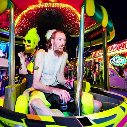 Image similar to death grips riding tilt - a - whirl at a carnival, mc ride, zach hill, andy morin, as ed binkley