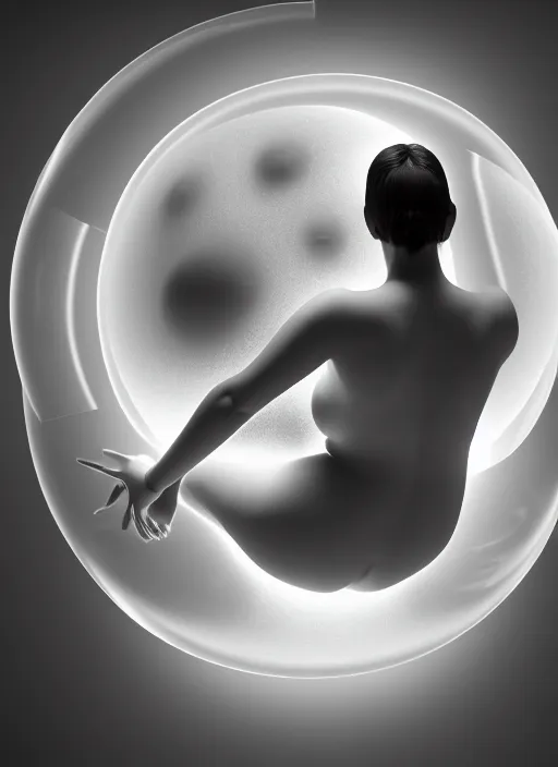 Image similar to black and white 3 d render of a young beautiful delicate ai giving birth to the new world in a bubble, inspired by michelangelo, spiritual, halo, glory, rim light, cinematic, studio dramatic light, poetic, surreal mythical dreamy dark artistic masterpiece, octane render, 8 k, photo