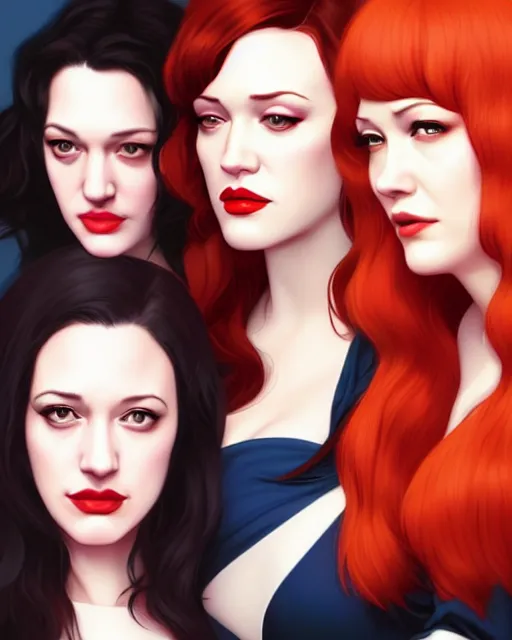 Image similar to kat dennings christina hendricks jennifer tilly, by wlop and ilya kuvshinov and artgerm