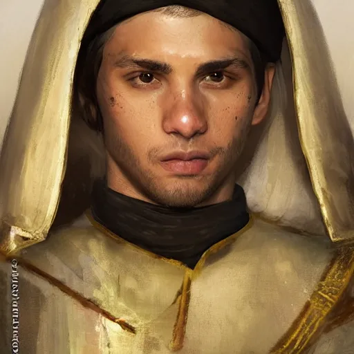 Image similar to Medium closeup young idealistic and pious homely male Imperial soldier wearing a black tabard with light yellow accents over a gambeson and a small!!! barbut helm, by Raymond Swanland Greg Rutkowski Lise Deharm, {perfect face}, {perfect eyes}