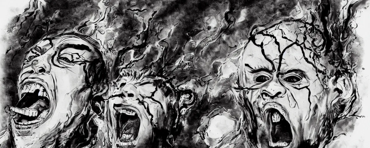 Prompt: portrait of a single mad man screaming and melting with dark ink in style of Yamato, Salvador Dali, Peter Palombi,