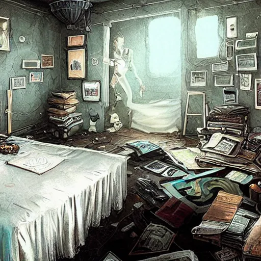 Prompt: detailed room in the sewer lair The room is a clean and delicate room ,over the bed there is a sword rack ,everything is neat ,stack of comics on the floor,soft,light,bright,epic,awesome,digital art, by Simon beak and Greg rutkowski