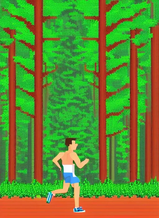 Prompt: athletic guy runs through a forest with tall trees, a photo from the back, perspective, pixel art,