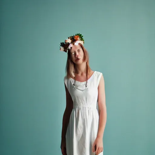 Image similar to a photograph of beautiful nordic woman wearing a white folkdrakt dress, she has a summer flower headband. against a teal studio backdrop. strong kodak portra 4 0 0 film look. film grain. cinematic. in - focus