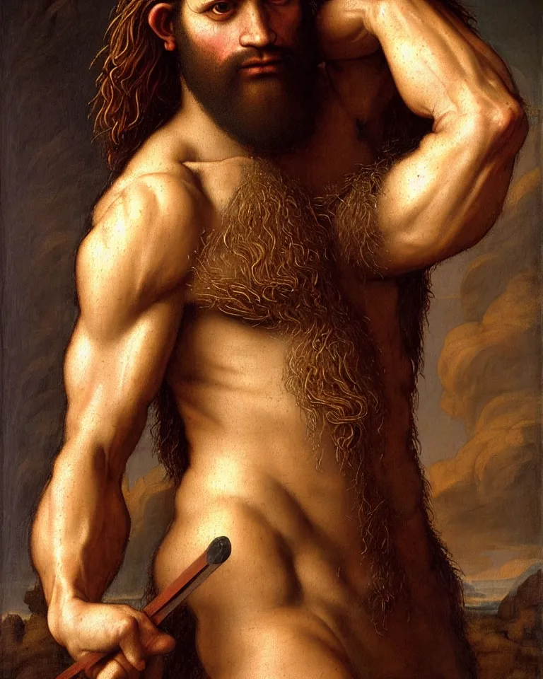 Image similar to renaissance painting full body portrait of a gruff ranger with a spear, lean and toned, handsome face, hairy chest and hairy body, D&D, intricate, elegant, highly detailed, digital painting, artstation, concept art, matte, sharp focus, chiaroscuro, well list, illustration, art by da Vinci, Artgerm and Greg Rutkowski and Alphonse Mucha