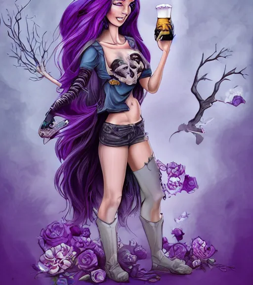 Prompt: thin white girl with long purple hair wearing a black t - shirt with skulls on the shirt and holding a beer standing next to a raven perched on a branch with festival tents behind them, full color digital illustration in the style of don bluth, artgerm, artstation trending, 4 k