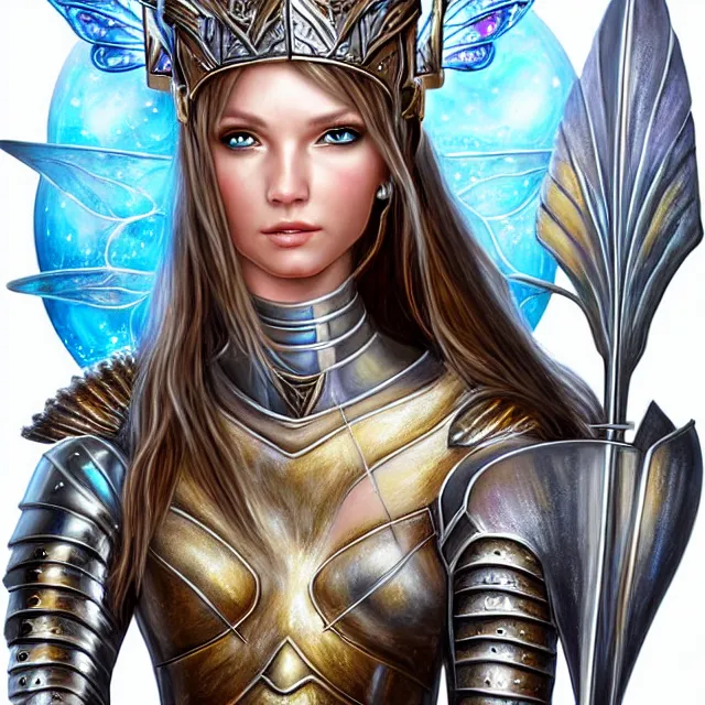 Image similar to fairy warrior queen in sparkling armour, highly detailed, 4 k, hdr, smooth, sharp focus, high resolution, award - winning photo, illustrated by anne stokes, photorealistic