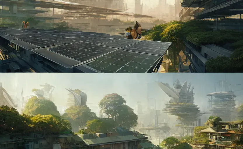 Image similar to solarpunk city with manicured landscaping and walkable pathways, rooftop solar panels, sustainable suburb, highly detailed, digital painting, artstation, concept art, smooth, sharp focus, illustration, art by wlop, mars ravelo and greg rutkowski and frank lloyd wright